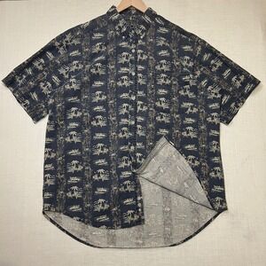 VTG Sedgefield Men XL Button-Up Shirt Blue Tropical Palm Tree‎ Pineapple Cotton